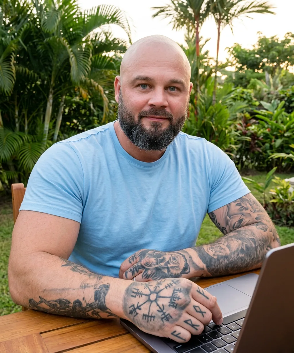 Bjoern arbeitet unter Palmen in Panama am Laptop